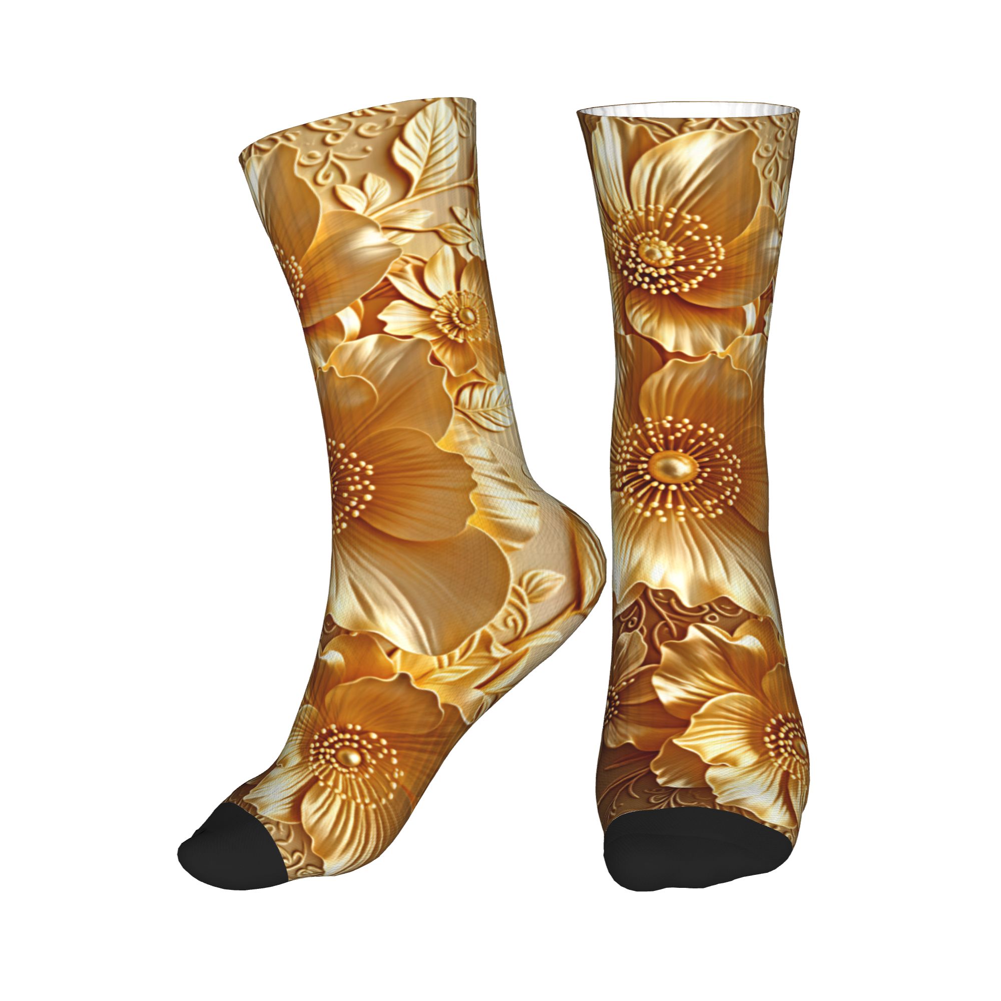 Dress Sock Men - 3D-geprägte goldene Blumenmuster Nahtlose Drucksocken für